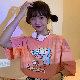 ポリエステル半袖韓国系夏ラウンドネックプルオーバーホワイトピンクプリント20~30代カートゥーン長袖Ｔシャツ