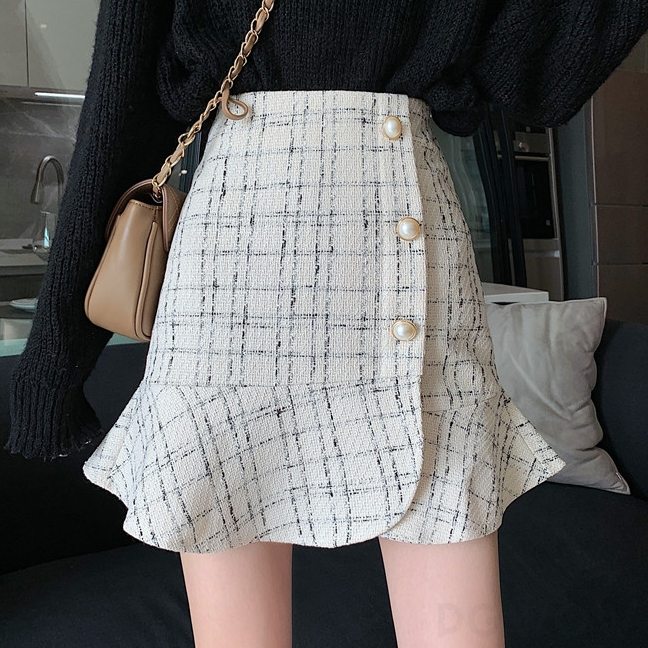 韓国系ショート丈切り替えハイウエストAラインチェック柄スカート