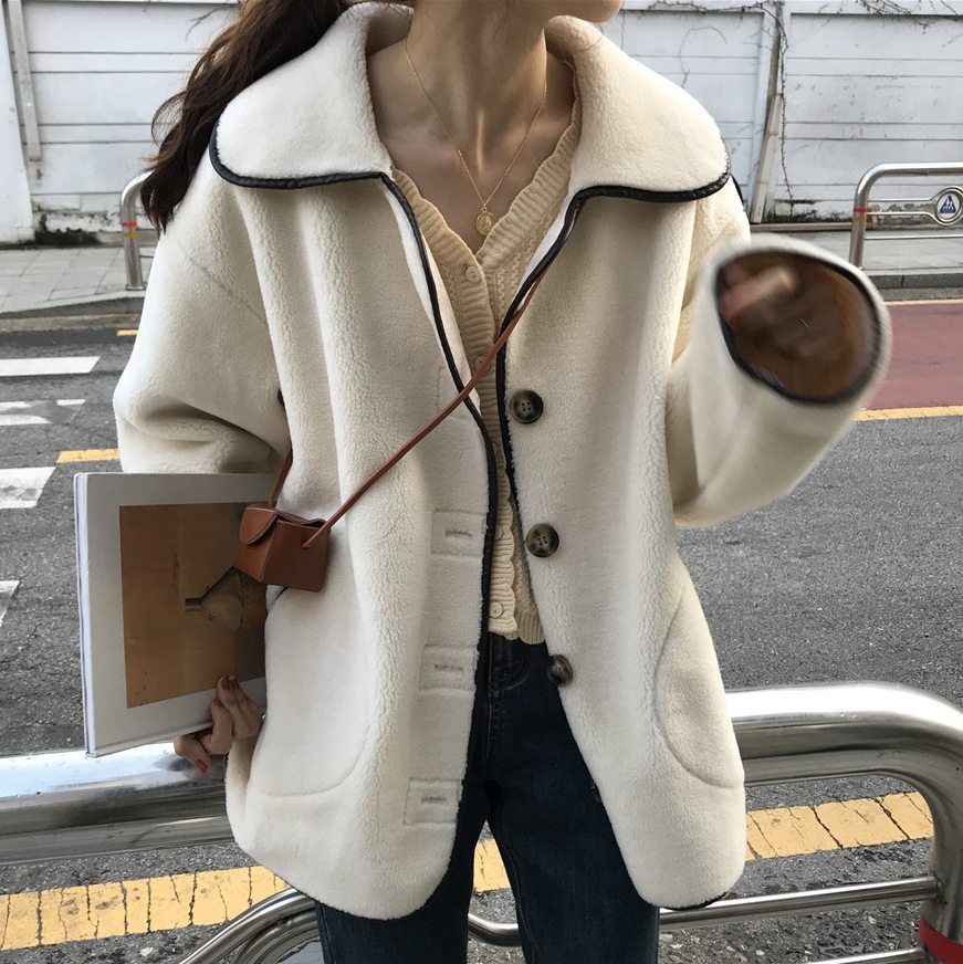 シンプルファッションカジュアル通勤/OL韓国系フェミニン折り襟ボタン配色綿コート