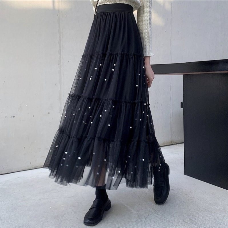 ファッションスウィート韓国系足首丈ブラックアプリコットギャザー飾りハイウエストAライン無地スカート