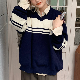 長袖シンプルファッション韓国系秋冬春秋Vネックプルオーバー配色セーター・カットソー