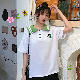 コットン半袖スウィート春夏ラウンドネックプルオーバーホワイトグリーン刺繍ストライプ柄フルーツ半袖Ｔシャツ