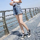 コットンポリエステルシンプルファッションカジュアル韓国系春夏秋ブルーグレーライトブルー切り替えハイウエストショート丈（3分4分丈）無地ボタンショートパンツ
