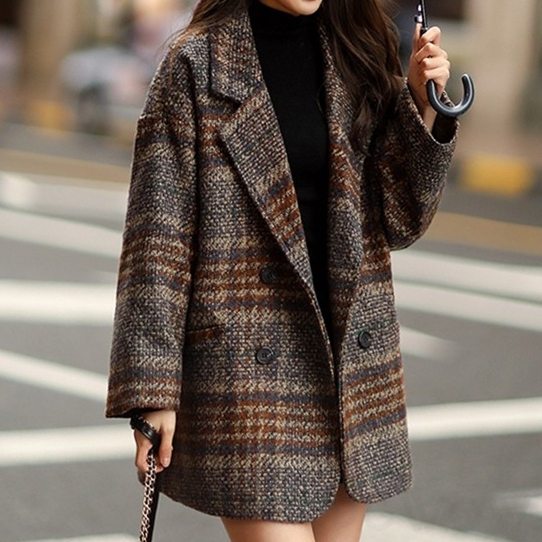 シンプルファッションカジュアル韓国系ロング折り襟ボタンボタンダイス柄ロング丈コート・ジャケット