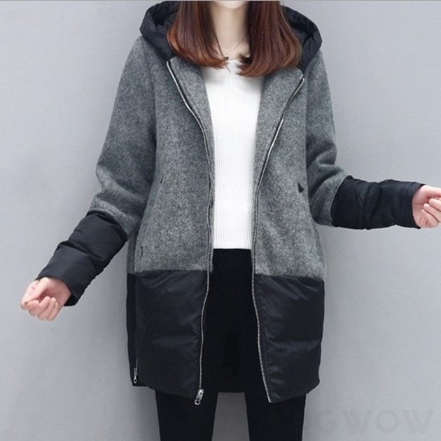 シンプルファッションカジュアル韓国系ロングフード付きジッパー切り替え配色綿コート