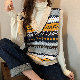 シンプルファッションレトロ韓国系Vネックプルオーバープリント配色ノースリーブセーター・カットソー