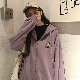 ポリエステル長袖シンプルファッションカジュアル学園風春秋秋フード付きジッパーカーキパープル刺繍プリントジャケット