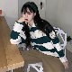コットン半袖シンプルファッション韓国系ショート丈春夏POLOネックプルオーバー配色ボーダーセーター・カットソー
