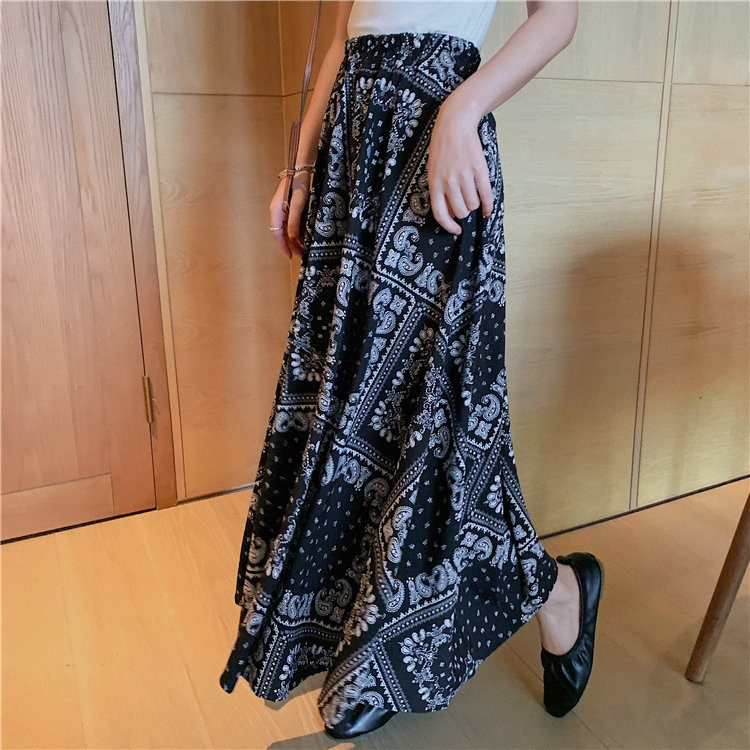 ポリエステルファッションレトロロング夏ホワイトブラックギャザー飾りプリントハイウエストAライン総柄スカート
