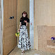 ポリエステルファッションレトロロング夏ホワイトブラックギャザー飾りプリントハイウエストAライン総柄スカート