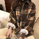 長袖韓国系秋冬折り襟シングルブレストブラックブルーブラウンチェック柄ロング丈コート・ジャケット