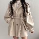 「人気ファッション韓国系」ランタンスリーブ折襟シングルブレストベルト付きボタンロング丈コート・ジャケット