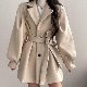 「人気ファッション韓国系」ランタンスリーブ折襟シングルブレストベルト付きボタンロング丈コート・ジャケット
