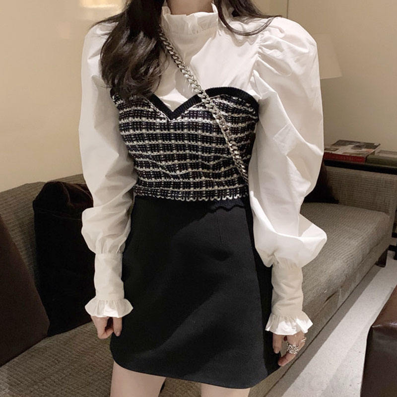 韓国系パフスリーブハイネックプルオーバー切り替えハイウエストAライン配色スカート