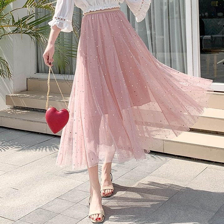 シンプルファッション韓国系エレガントロングスパンコールハイウエストAライン無地スカート