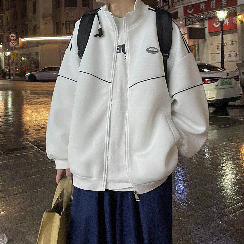 【今季注目 韓国風ファッション】無地 ポリエステル 長袖 折り襟 ストライプ柄 シンプル 春秋 ジッパー アウター