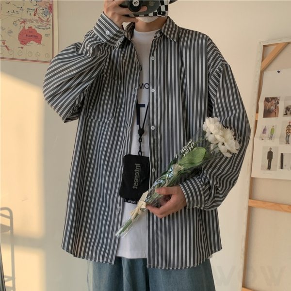 シンプルファッションカジュアル定番韓国系折襟シングルブレストストライプ柄なしトップス