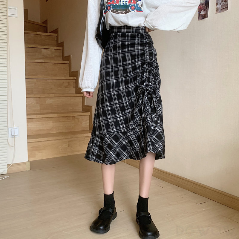 シンプルカジュアルロング春夏秋ギャザー飾り20~40代ハイウエストAラインチェック柄スカート