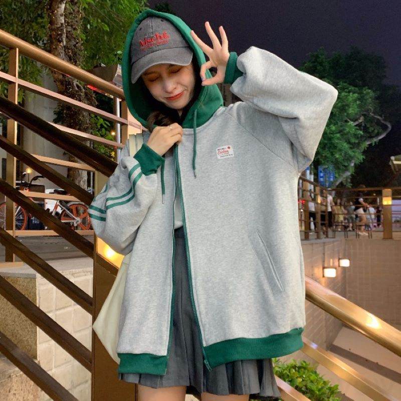 ポリエステル長袖ファッションカジュアル韓国系秋フード付きジッパーグリーンブルー切り替え配色ストライプ柄ジャケット