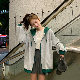 ポリエステル長袖ファッションカジュアル韓国系秋フード付きジッパーグリーンブルー切り替え配色ストライプ柄ジャケット