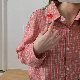 長袖シンプルファッションカジュアル春夏POLOネックシングルブレストピンク刺繍チェック柄カジュアル・シフォンブラウス