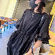 ポリエステル半袖ファッション通勤/OL韓国系フリルスリーブ夏ラウンドネックプルオーバーホワイトブラックグレー切り替え配色長袖Ｔシャツ