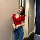 ポリエステル半袖韓国系ショート丈春夏Vネックプルオーバーギャザー飾り20~30代無地長袖Ｔシャツ