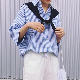 合成繊維中袖/五分袖ファッションカジュアル韓国系ショート丈春秋POLOネックシングルブレストストライプ柄ボタンカジュアル・シフォンブラウス