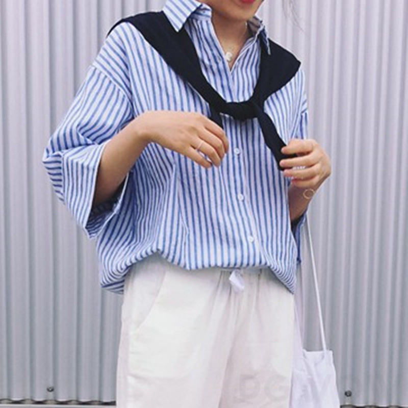 合成繊維中袖/五分袖ファッションカジュアル韓国系ショート丈春秋POLOネックシングルブレストストライプ柄ボタンカジュアル・シフォンブラウス
