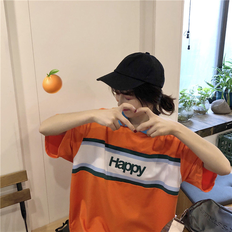 ポリエステル半袖韓国系夏POLOネックプルオーバーブルー赤オレンジプリント20~30代アルファベット長袖Ｔシャツ