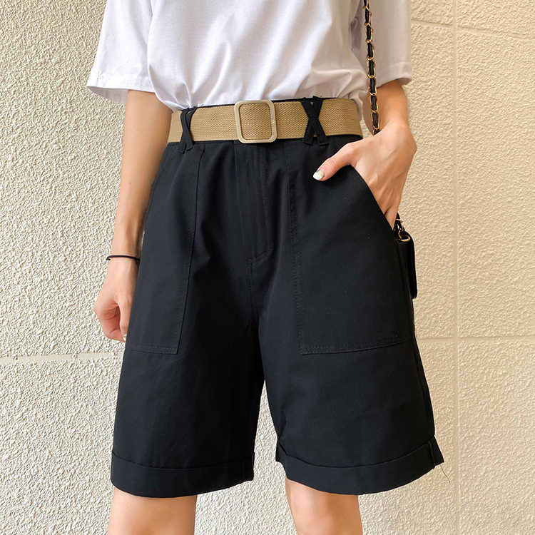 韓国系夏ブラックピンク大学生ハイウエストショート丈（3分4分丈）無地ショートパンツ