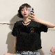 ポリエステル半袖韓国系ショート丈夏ラウンドネックプルオーバーホワイトブラック刺繍20~30代フルーツ長袖Ｔシャツ