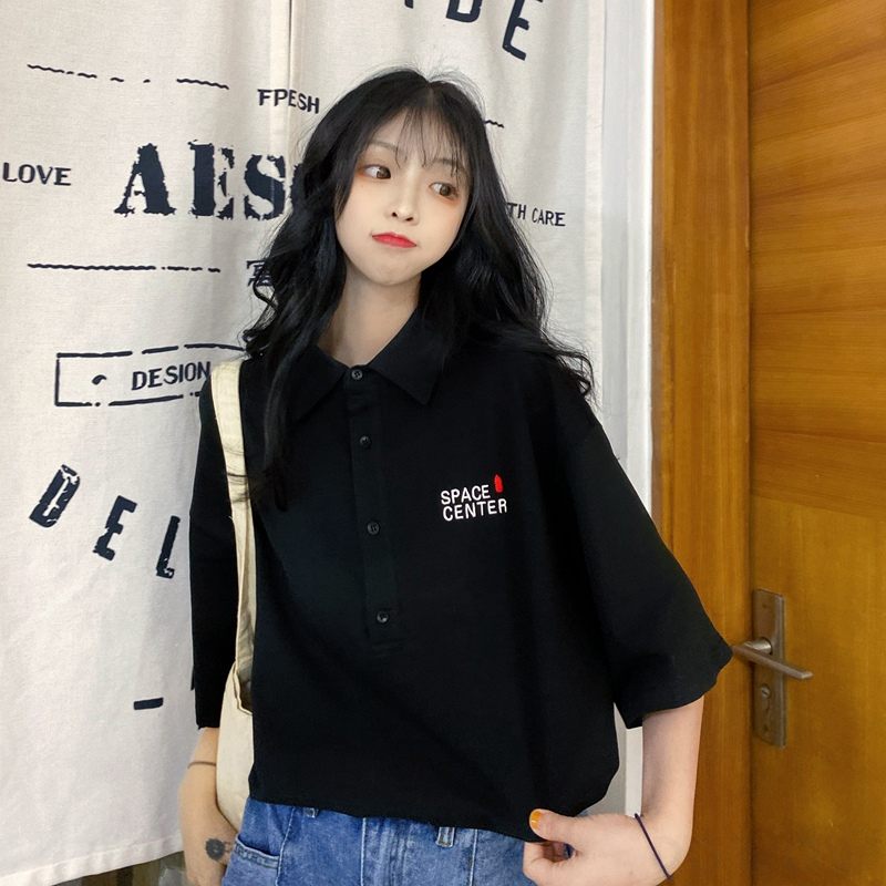 ポリエステル半袖韓国系夏POLOネックプルオーバーネイビーブラック刺繍アルファベット半袖Ｔシャツ