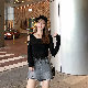ニット長袖韓国系オープンショルダー春秋Uネックプルオーバー透かし彫り無地セーター・カットソー
