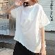コットンポリエステル半袖シンプルファッションカジュアル夏ラウンドネックプルオーバーホワイトブラックギャザー飾り20~30代無地長袖Ｔシャツ