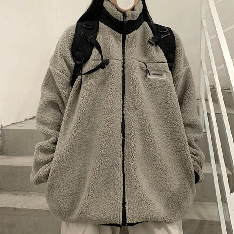 ポリエステル長袖シンプルファッションカジュアルストリート系韓国系冬秋スタンドネックジッパーブラックグレー切り替えファスナー配色綿コート