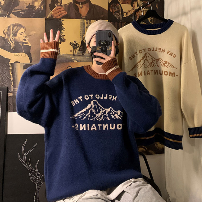 【高見えデザイン】ファッション カジュアル 秋 ラウンドネック プルオーバー プリント アルファベット 配色 セーター
