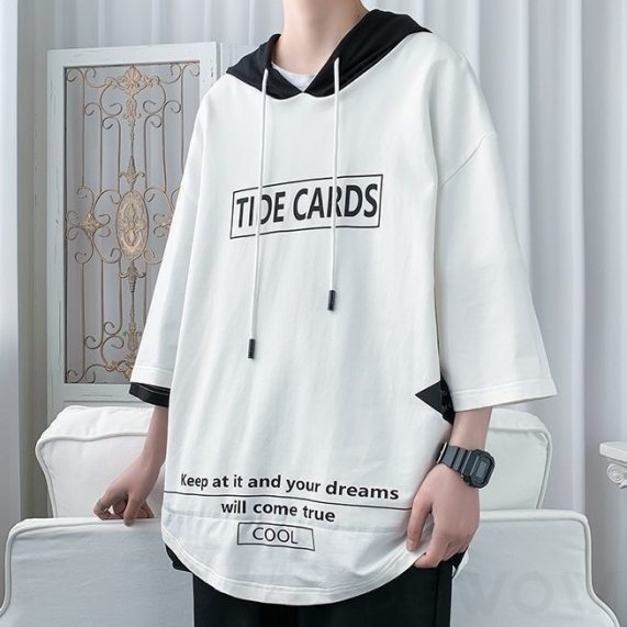 【組み合わせ自由】ストリート 系 メンズ 七分袖 シンプル カジュアル フード付き プルオーバー 切り替え アルファベット Tシャツ・POLOシャツ