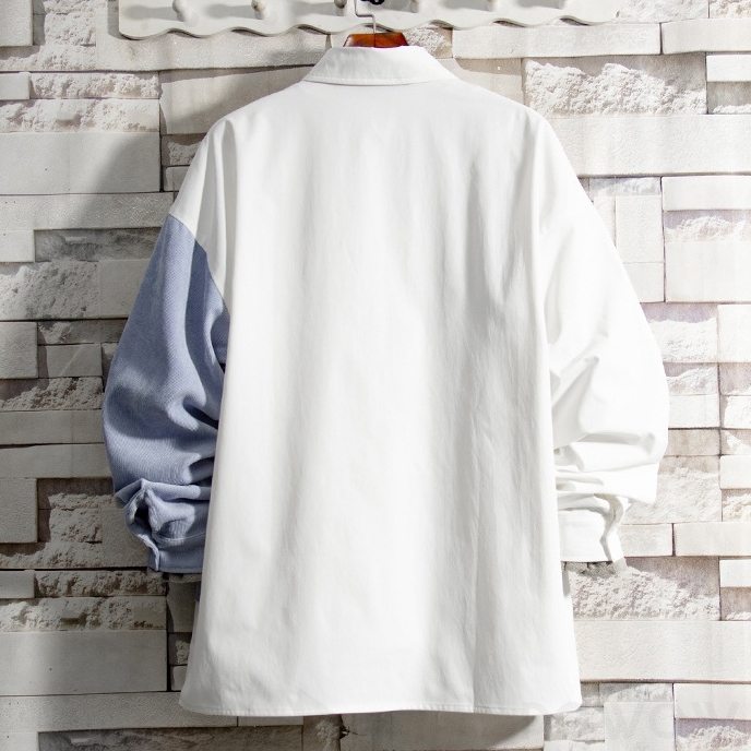 長袖ファッションカジュアル韓国系清新折り襟シングルブレスト切り替え配色シャツ
