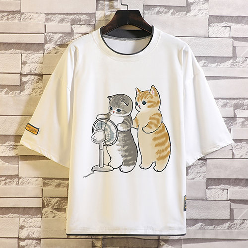 【韓国コーデ】猫 fashion 可愛い 淡色コーデ 半袖 シンプル カジュアル ラウンドネック プルオーバー プリント 動物柄 Tシャツ・POLOシャツ