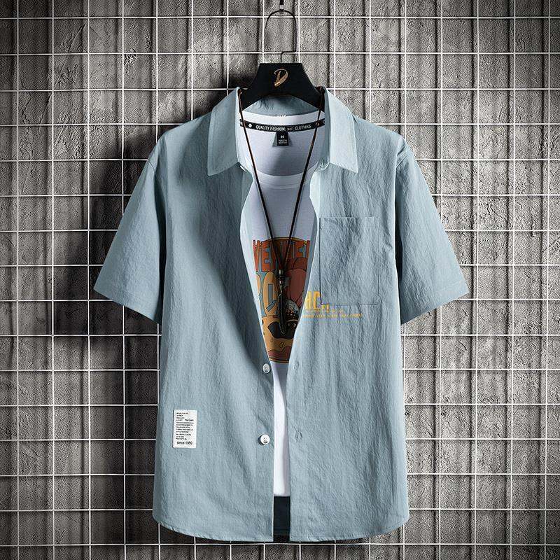 ポリエステル半袖シンプルカジュアル韓国系一般一般折り襟シングルブレストマジックテーププリントアルファベットプリントシャツ