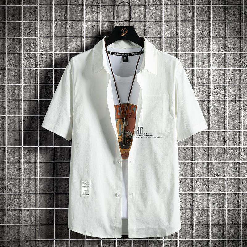 ポリエステル半袖シンプルカジュアル韓国系一般一般折り襟シングルブレストマジックテーププリントアルファベットプリントシャツ