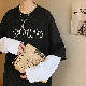 カジュアルプルオーバーシンプルアルファベットラウンドネック配色プリント韓国系長袖切り替えプリントTシャツ・POLOシャツ