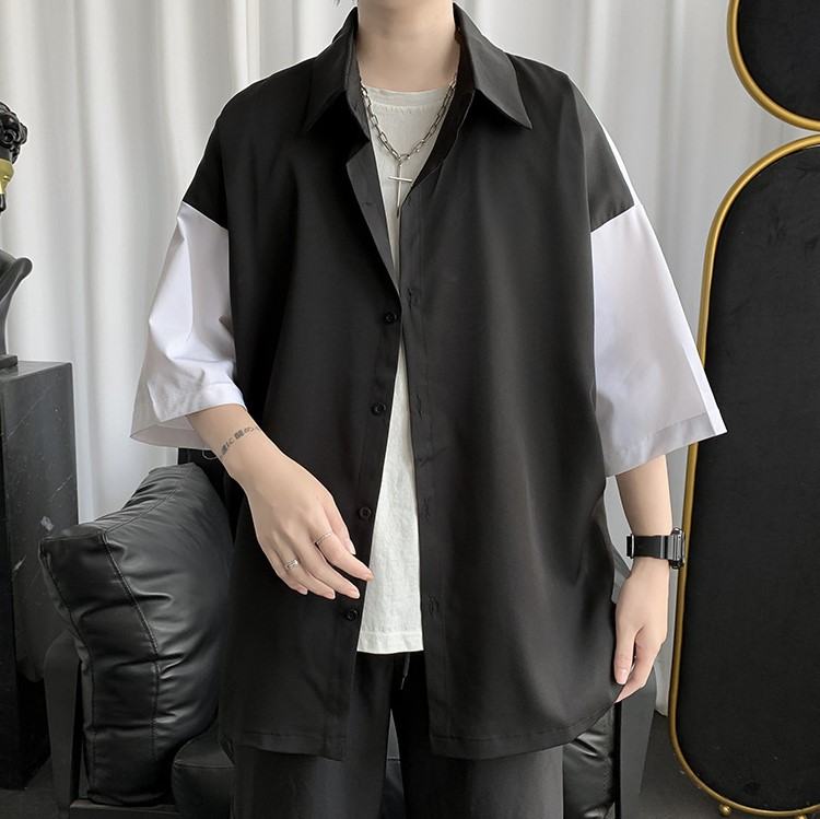  七分袖 シンプル 韓国系 一般 一般 折り襟 シングルブレスト 切り替え 配色 ボタンシャツ