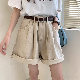 デニムシンプルファッション韓国系春夏ハイウエストショート丈（3分4分丈）無地ボタンパイピングショートパンツ