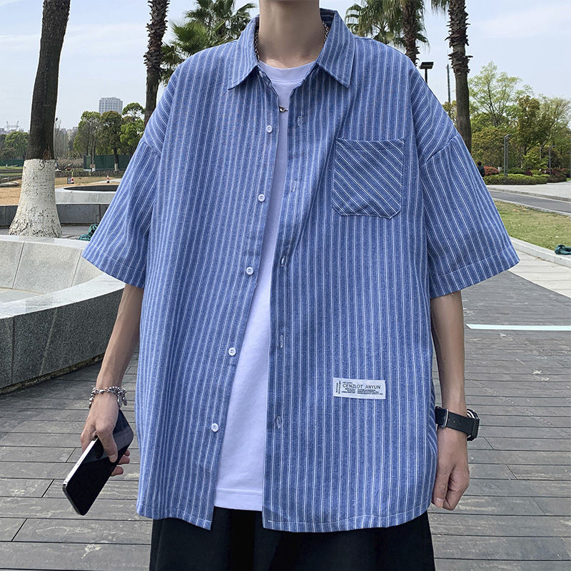 その他半袖シンプルファッションカジュアル定番韓国系一般一般折り襟シングルブレストストライプ柄なしシャツ