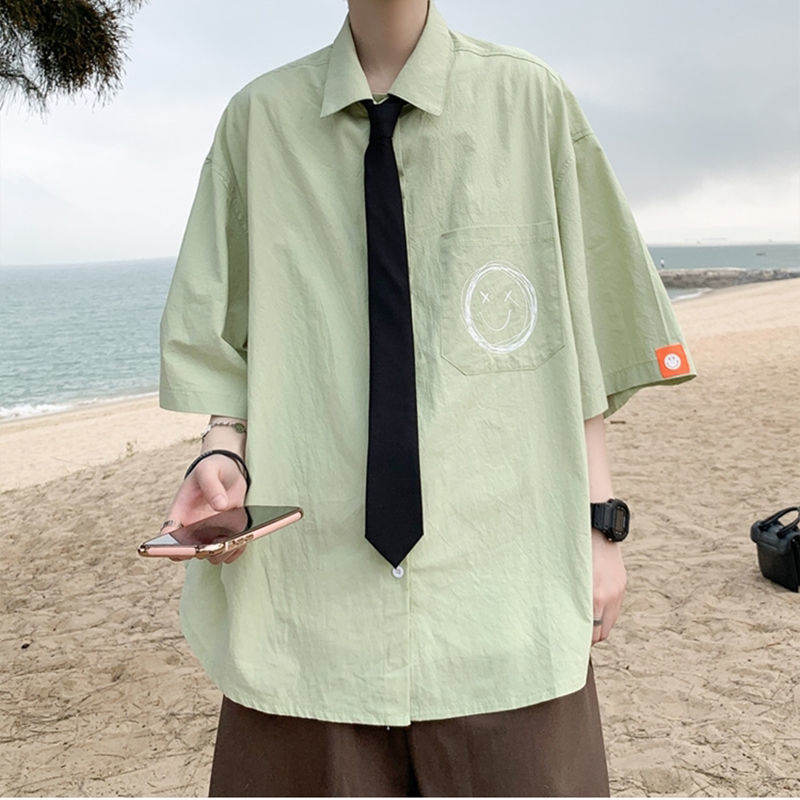 ポリエステル七分袖シンプル一般一般折り襟シングルブレスト切り替え無地シャツ