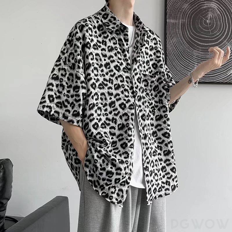 ポリエステルレトロ一般一般夏折襟シングルブレスト写真通り20~40代ヒョウ柄なし五分袖シャツ