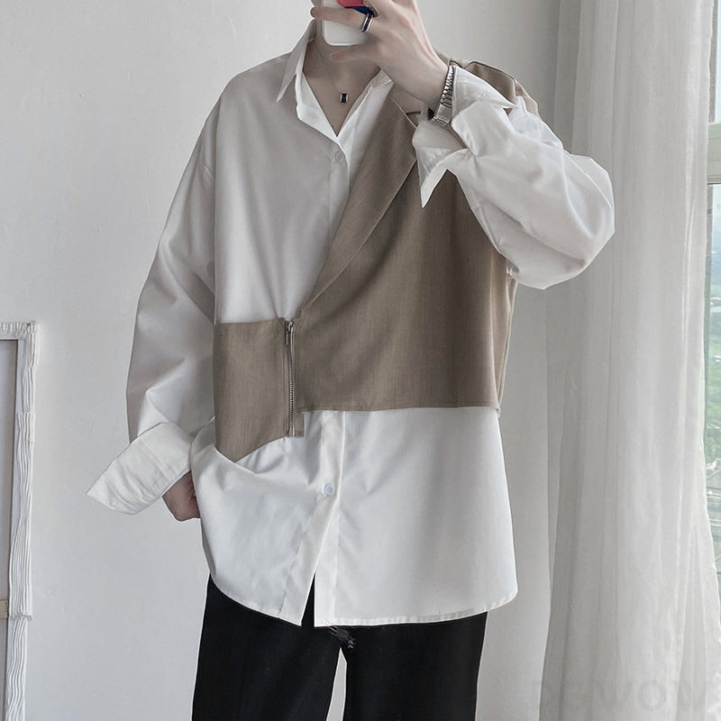 【流行の予感】韓国 長袖  メンズ 夏 おしゃ ファッション エレガント 折り襟 シングルブレスト 切り替え ファスナー 配色 レイヤード / 重ね着風 シャツ