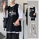 【ootd fashion】韓国 ファッション メンズ 半袖 カジュアル ラウンドネック プルオーバー アルファベット 配色 モード系 レイヤード / 重ね着風 セットアップ